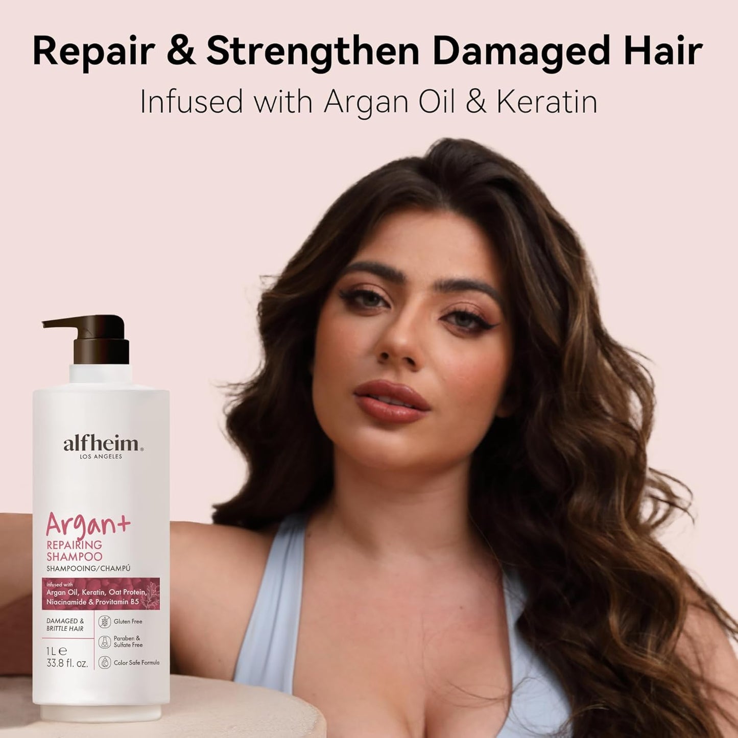 ALFHEIM Argan+ Repairing Shampoo for Dry, Damaged & Frizzy Hair with Moroccan Argan Oil, Keratin, Panthenol & Vitamin E – Deep Repair, Moisture & Shine – Color Safe, Sulfate Free – 33.8 oz