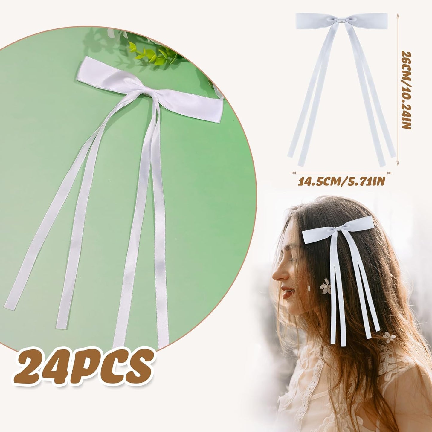 24 PCS Hair Bows Clips Ribbon,Mini Satin Hair Bows With Long Tail for Women and Girls Hairstyle Accessory Gift (White)