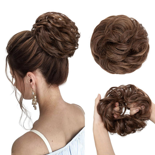 CJL HAIR Large Messy Bun Hair Piece Wavy Curly Scrunchies Synthetic Chignon Ponytail Hair Extensions Thick Updo Hairpieces for Women Chocolate Multi