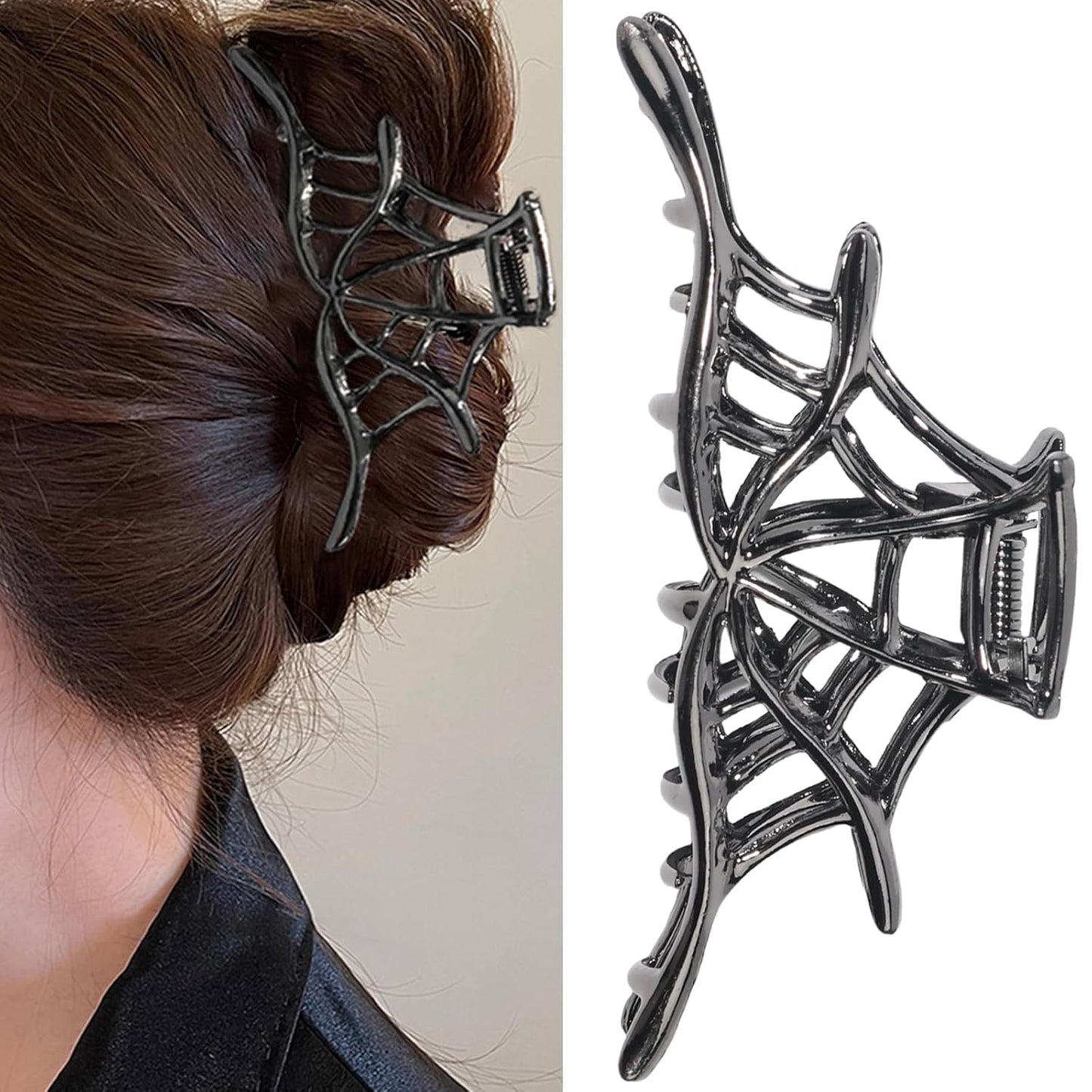 Halloween Spider Web Hair Claw Clips - Metal Black Alloy Nonslip Strong Hold Gothic Punk Catch Clips for Women's Thick or Thin Hairs