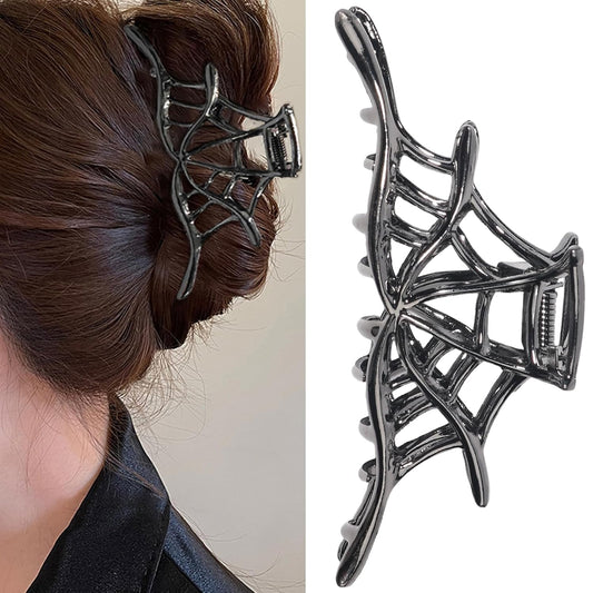Halloween Spider Web Hair Claw Clips - Metal Black Alloy Nonslip Strong Hold Gothic Punk Catch Clips for Women's Thick or Thin Hairs