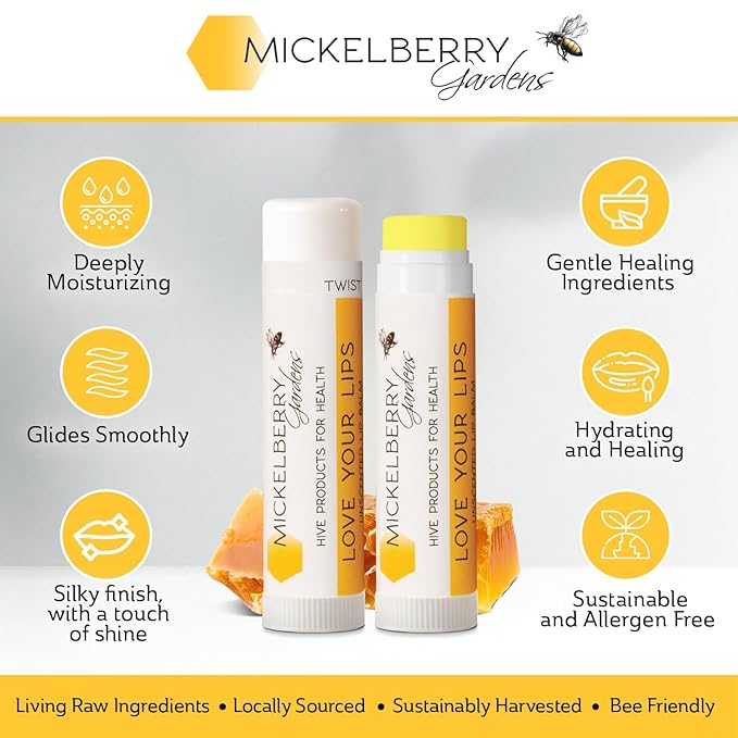 Mickelberry Gardens Love Your Lips All-Natural Organic Beeswax Lip Balm – Hydrating, Healing, and Moisturizing Chapstick for Men, Women, and Kids (2 Pack, Clear)