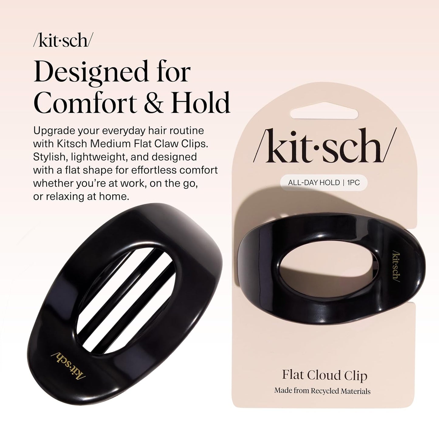 Kitsch Medium Flat Claw Clips for Women - Stylish Flat Hair Clips, Strong Hold for Thick & Fine Hair | Non-Slip for Secure, Comfortable All-Day Wear | Ideal Gifts for Women - Black