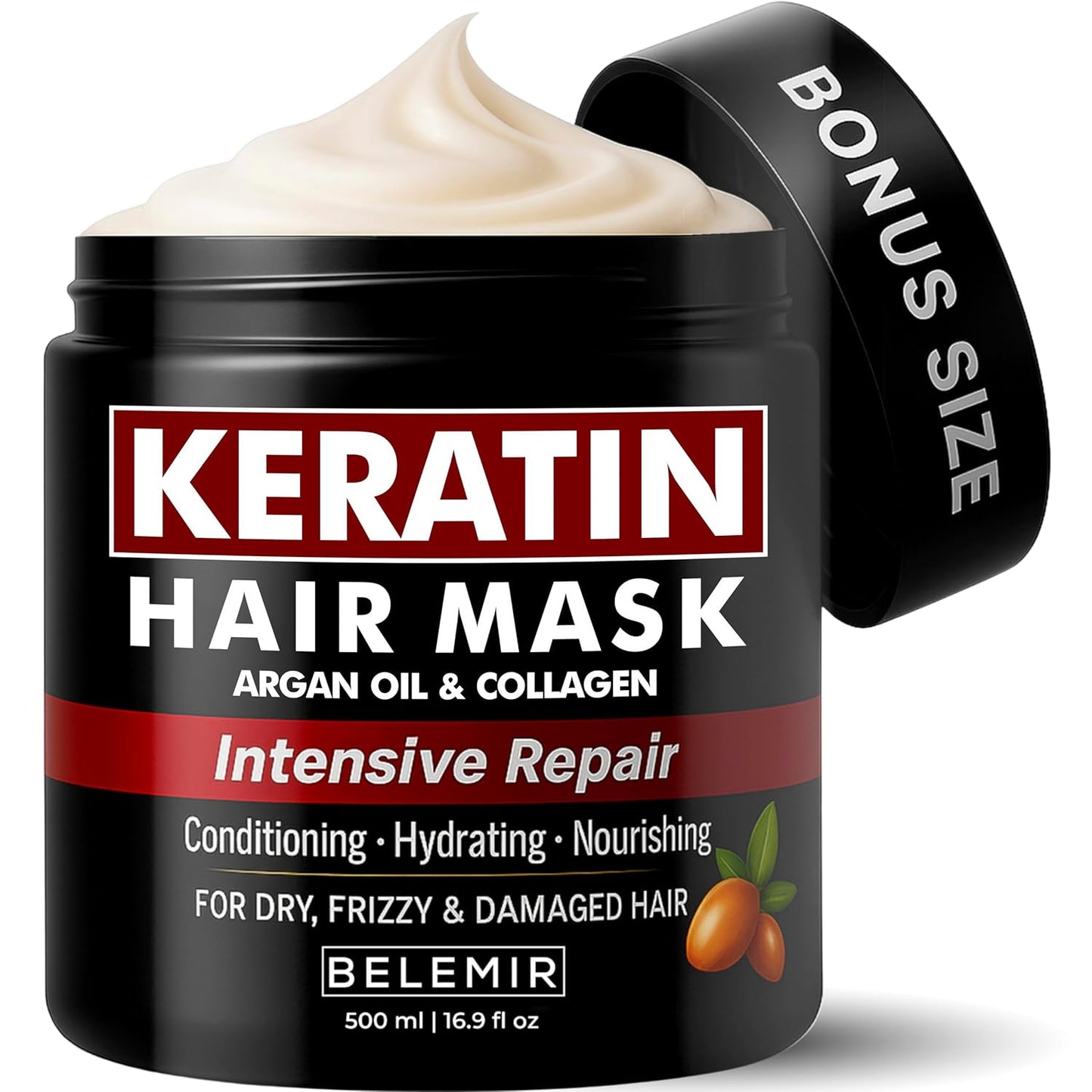 BELEMIR Keratin Hair Mask – Deep Conditioning for Damaged Hair – Collagen & Argan Oil Treatment – Hydrating & Repairing – Sulfate & Paraben Free – 500 ml / 16.9 fl oz