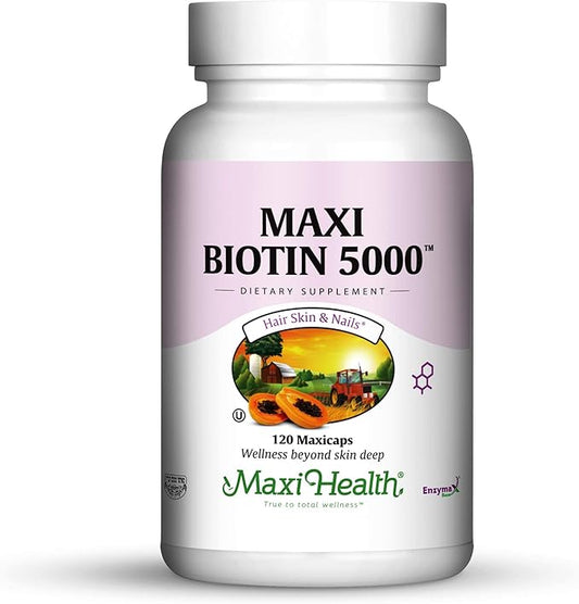 Maxi Health Biotin 5000 mcg – Hair Growth Supplement for Health and Beauty – Hair, Skin & Nails Vitamins – 120 Vegetable Capsules