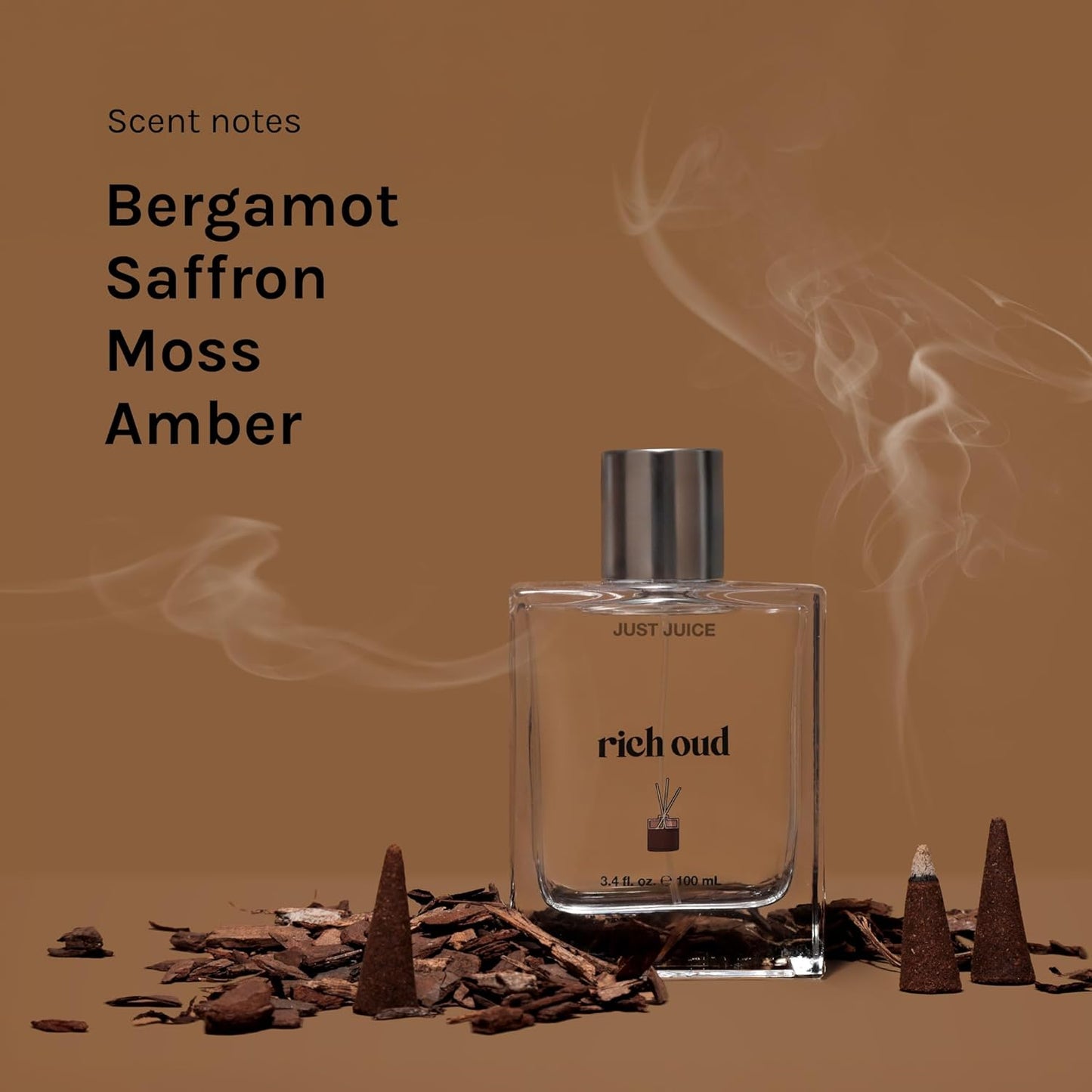 Just Juice Rich Oud - Oud Perfume for Women and Men - Bergamot, Saffron, and Amber Perfume - Rich and Woody Scent - 3.4 oz