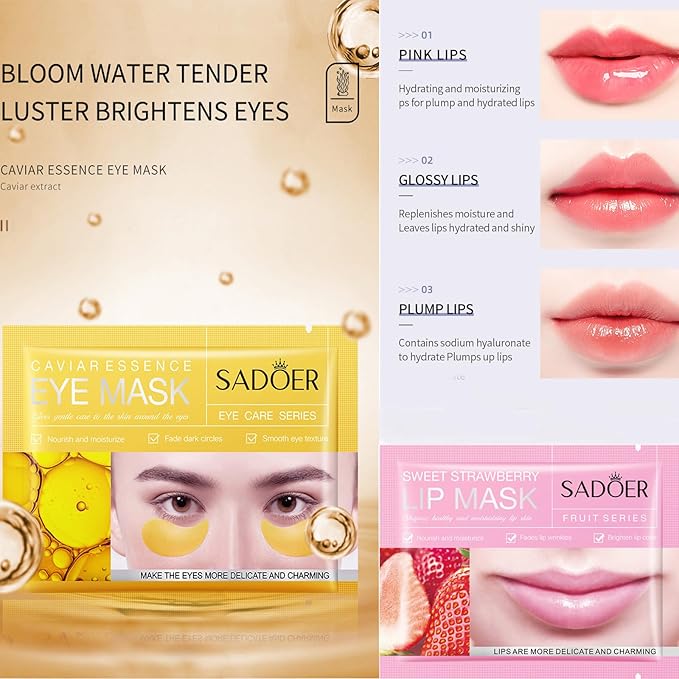 MEICOLY 30 Pads Lip and Eye Mask Sheet,Moisturizing Gold Caviar Under Eye Mask Strawberry Lip Mask,Crystal Anti-Aging Eye Patches Dark Circle Remover with Box,Eye and Lip Mask Set