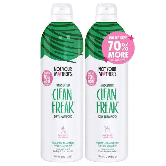 Not Your Mother's Value Pack Clean Freak Unscented Jumbo Dry Shampoo (2-Pack) - 12 oz Each - 70% More to Instantly Absorb Oil and Refresh Hair Between Washes - No Scent - For All Hair Types