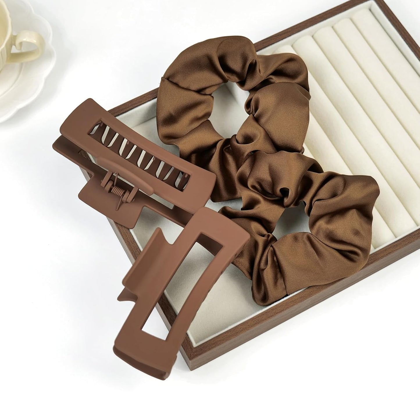 8 Pcs Hair Claw Clips and Scrunchies Set – Square Hair Clips for Women, Medium Non-Slip Matte, Large Satin Scrunchies, Hair Accessories for Thick Thin Hair, Party, Daily Use – Coffee