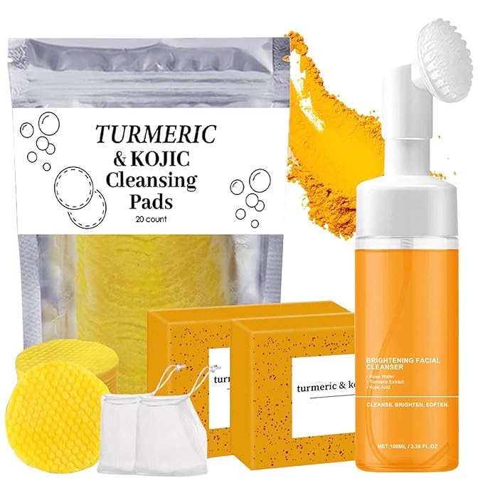 4Pcs Turmeric Wash and Care Three Piece Set,Turmeric Trio: Facial Wash,Cleansing Mousse & Soap for Skin Care,Turmeric Cleansing Exfoliating Pads,Turmeric Face Wash for Face & Body