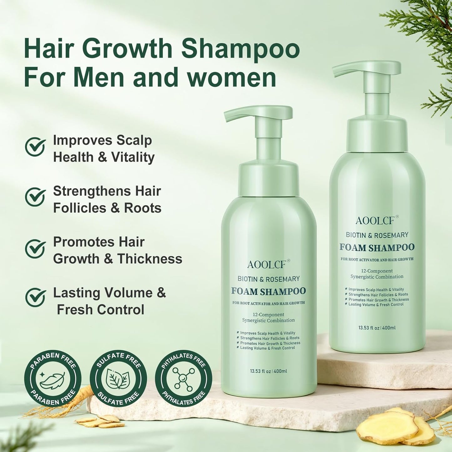 Biotin & Rosemary Shampoo for Hair Growth, Hair Loss Shampoo for Men and Women, 12-Component Synergistic Blend for Visibly Thicker Hair - 13.53 fl oz (Pack of 2)