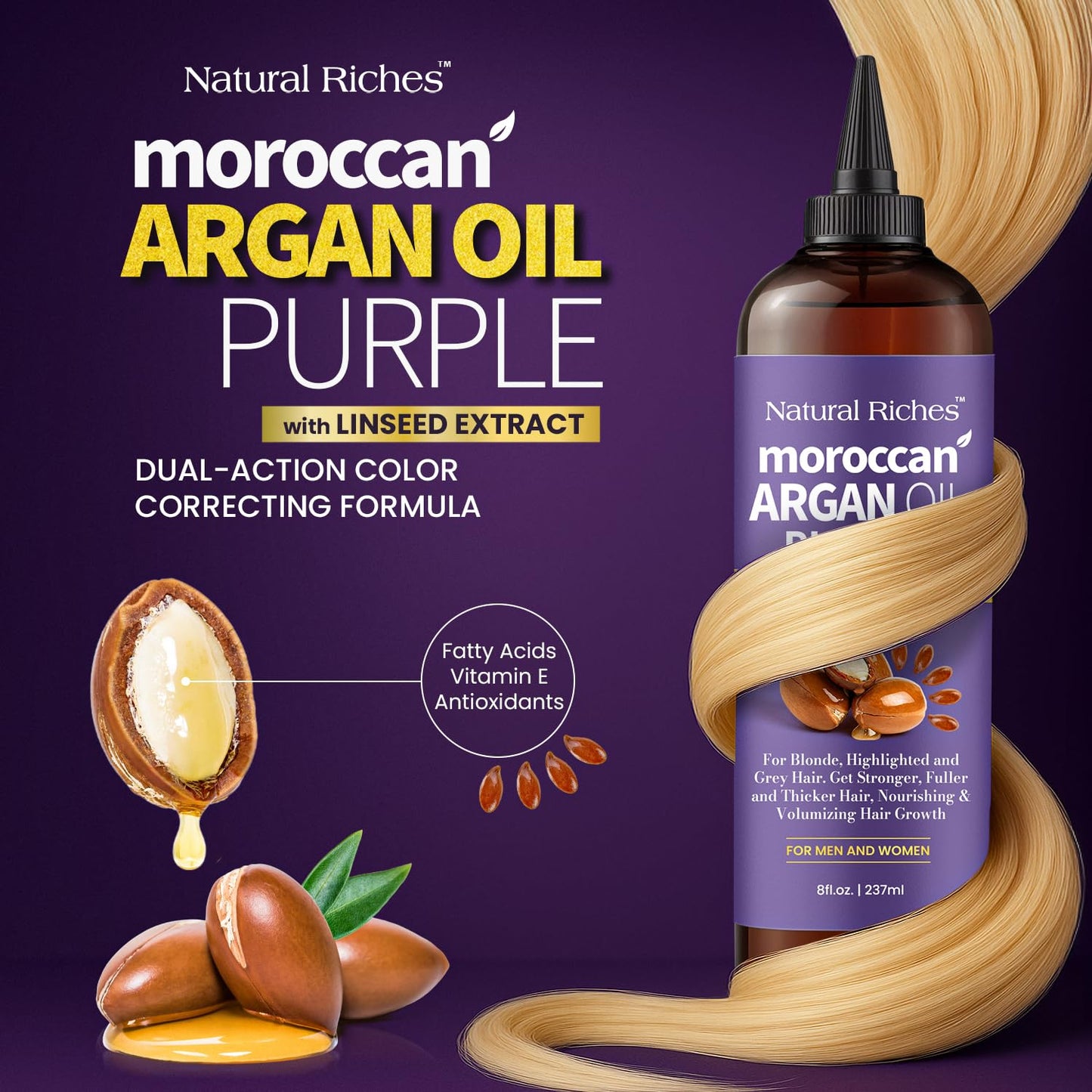 Natural Riches Moroccan Argan Oil Purple, Anti-Brass Hair Treatment with Linseed Extract for Silver Blonde Platinum Hair removes Yellow & Brass tones. Grey Highlighted Hair 8 fl oz