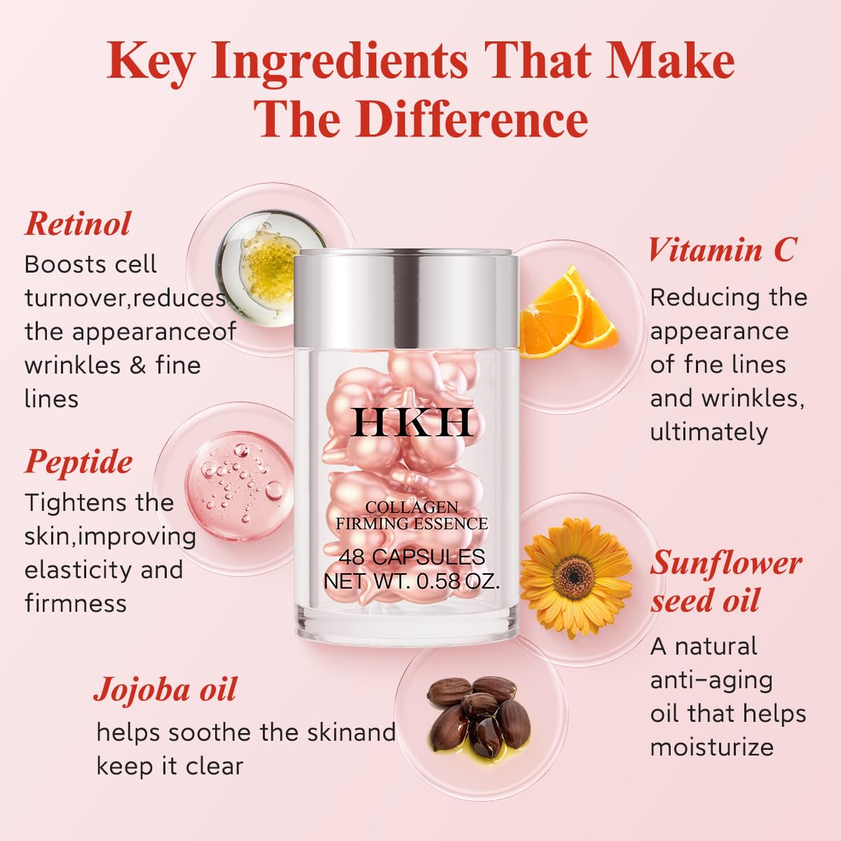 HKH Retinol Serum for Face: 48 Capsules Vitamin A Anti-Aging Wrinkle Night Serum - Vitamin E Collagen Oil for Women - Daily Deep Skin Care for Fine Lines Smooths Hydrates Brightening - 0.58 Oz
