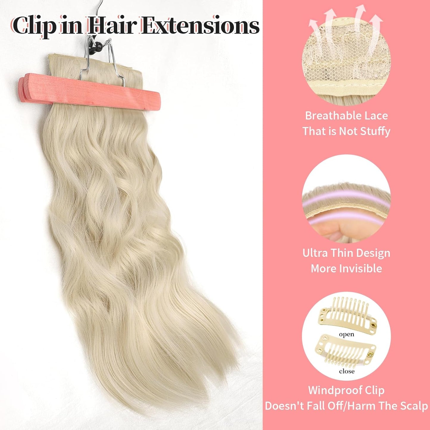 KooKaStyle Clip in Synthetic Hair Extensions Long Wavy 4PCS Thick Hairpieces Platinum Blonde Fiber Double Weft Natural Hair Extensions 20 Inch for Women