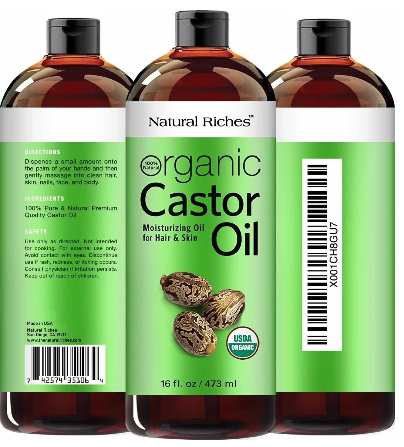 Natural Riches Organic Castor Oil - Cold Pressed, USDA Certified for Hair Growth, Thicker Eyelashes, Eyebrows - Moisturizes Dry Skin and Hair, Helps with Dandruff - Hexane-Free, 16 fl. oz.