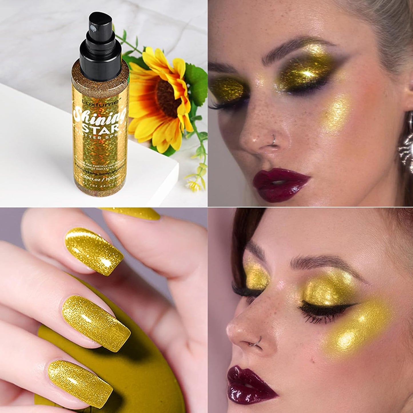 MEICOLY Gold Body Glitter Spray,100ML(3.53OZ),Liquid Glitter Hairspray,Sparkle Hair Spray,Glitter Spray for Hair/Body/Clothes,Body Shimmer for Skin,Lightweight,Long Lasting