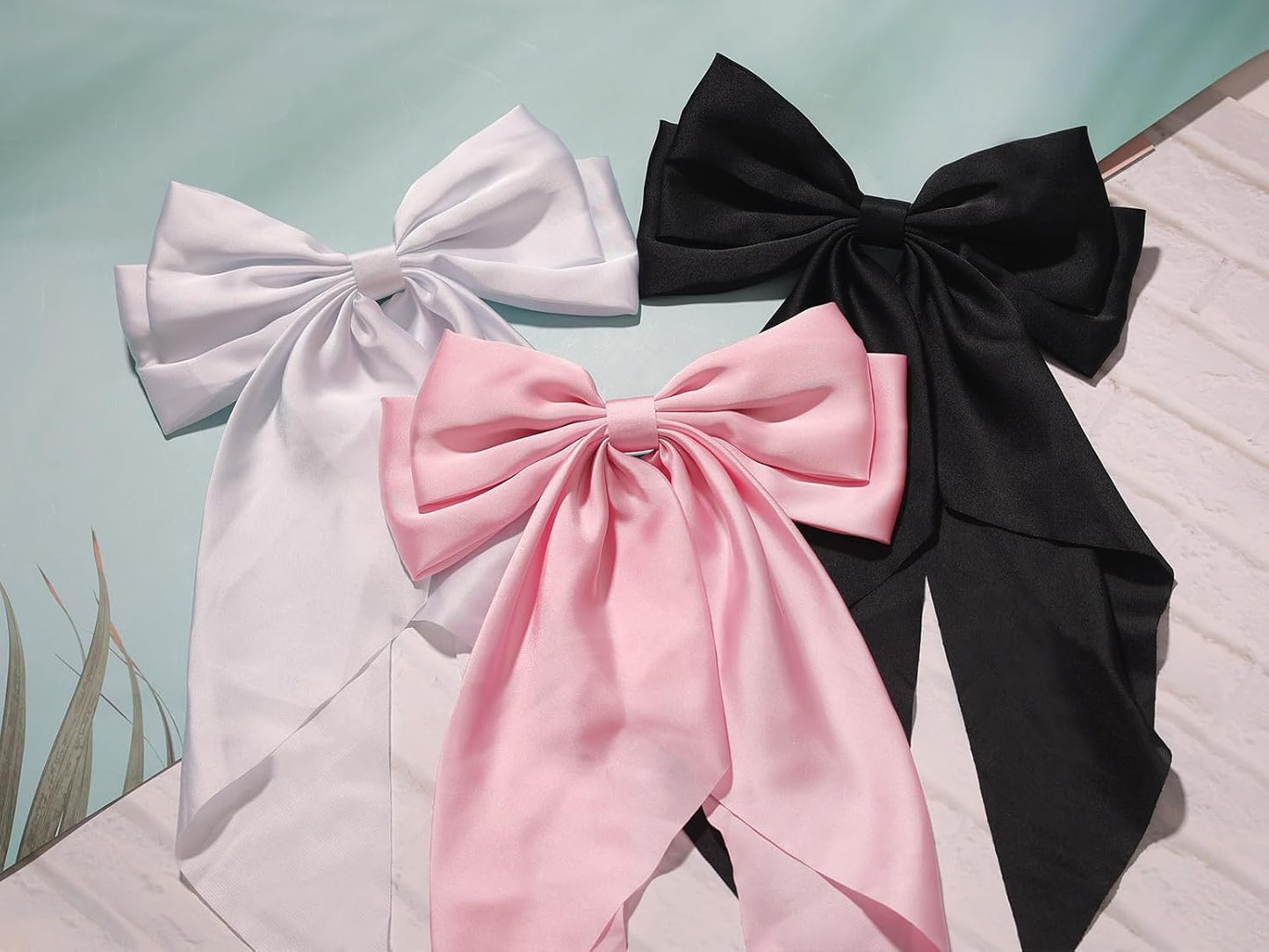 SUSULU 6pcs Large Hair Bows Big Bow Hair Barrette Clips for Women Girls,French Hair Bowknot with Long Tail Vintage Hair Accessories for Women Black/White/Pink