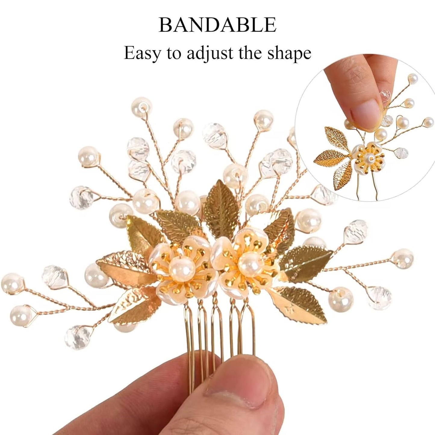 Wedding Hair Pins Set of 5 Pcs - Elegant Leaf Floral Pearl Rhinestones Hair Accessories for Bridal Women (Gold)