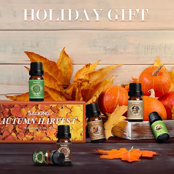 SALKING Autumn Fragrance Oils, Premium Fall Essential Oils for Diffuser, Scented Oils Gift Set for Soap Candle Making Scents - Cinnamon, Pumpkin Spice, Apple Cider, Vanilla, Forest Pine, Snickerdoodle