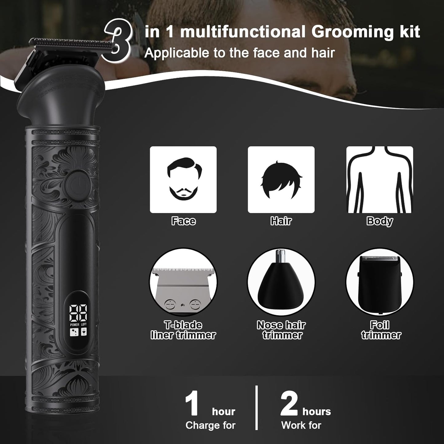 Professional 3-in-1 Beard Trimmer & Hair Clipper Kit for Men - Electric Shaver for Head, Face, Body, Nose & Ear Hair Grooming- Rechargeable Cordless, LCD Display - Perfect Men's Gift