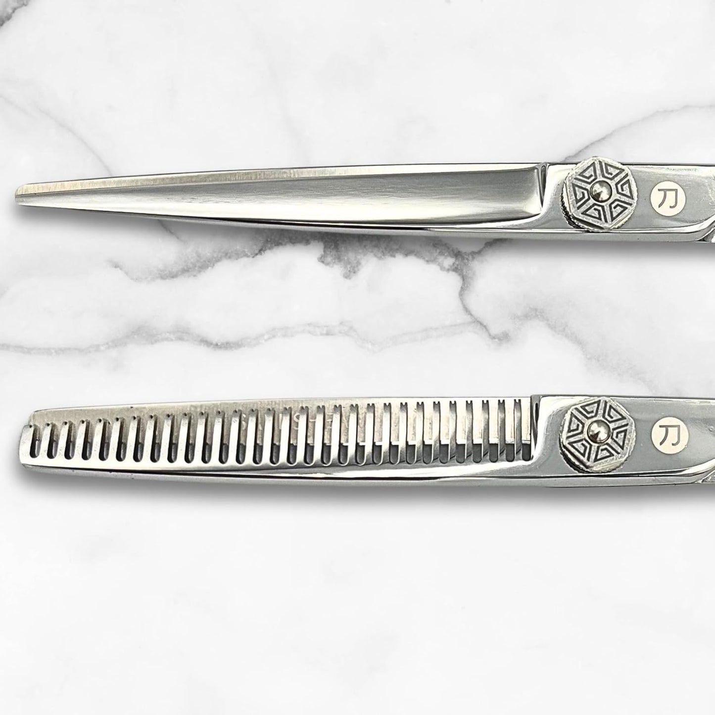 Saki Shears 6 Inch Set of Hair Cutting and Thinning Scissors With Flower Design on Handle and Finger Holes - 440C Stainless Steel - Professional Hair Cutting Set (Silver)