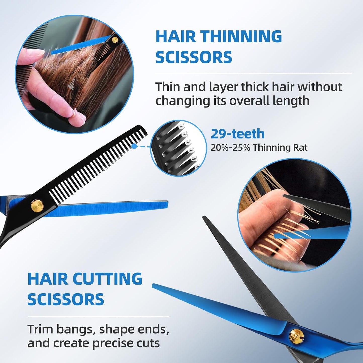 Hair Cutting Shears Sets - Professional 9 PCS Haircut Scissors Kit with 6.5" Thinning/Texturizing Scissors (29 Teeth) and Straight Shears for Men Women Home Salon (Black & Blue)