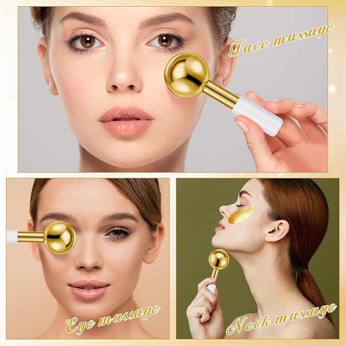 Baderke 2 Pcs Ice Globes for Face Stainless Steel Cooling Globes Unbreakable Cooling Roller Women Ice Balls Cryo Sticks Face Skin Care for Dark Circles, Puffiness(Gold (white Handle))