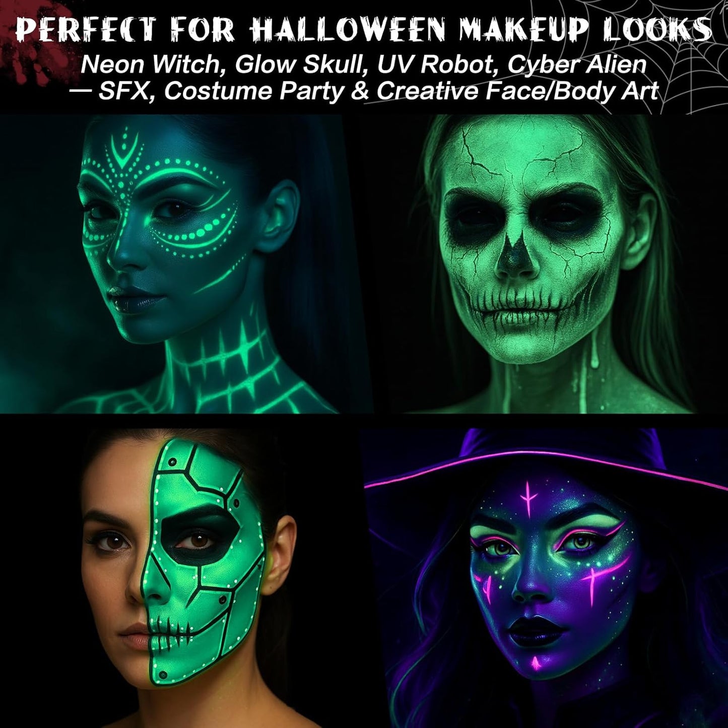 BOBISUKA Neon Green Face Body Paint Stick Water-Based Washable Glow In The UV Light Face Paint Makeup Stick for Halloween Witch Skull Robot Cyber Alien Cosplay SFX,Sports Eye Black & Costume Party