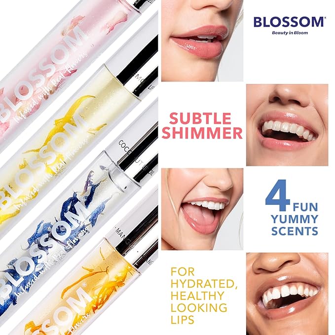 Blossom Lip Gloss & Lip Oil with Olive Oil + Grape Seed Oil, Moisturizing and Hydrating Shimmer Sparkle, Infused with Real Flowers, 3g, Mango