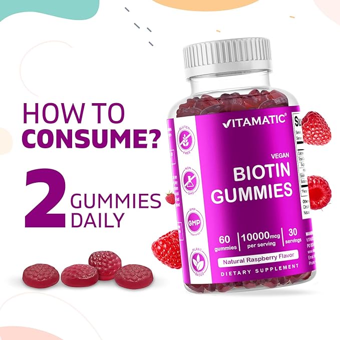 Vitamatic Biotin Gummies 10,000 mcg for Stronger Hair, Skin & Nails - 60 Vegan Gummies - Also Called Vitamin B7 (3 Bottles)