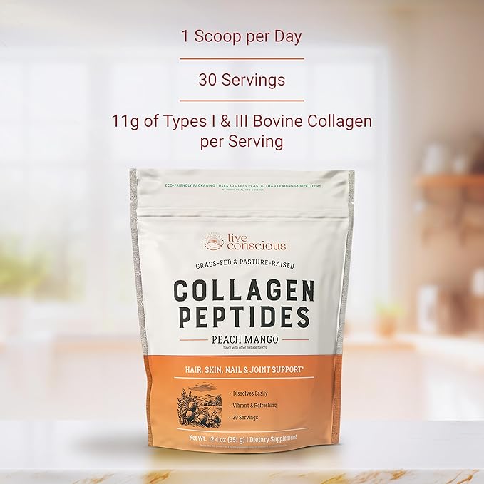 Live Conscious Collagen Peptides Powder - Peach Mango Flavored Collagen Powder - Hair, Skin, Nail, & Joint Support - Type I & III Grass-Fed Collagen Supplements for Women and Men - 30 Serving - 12.4oz