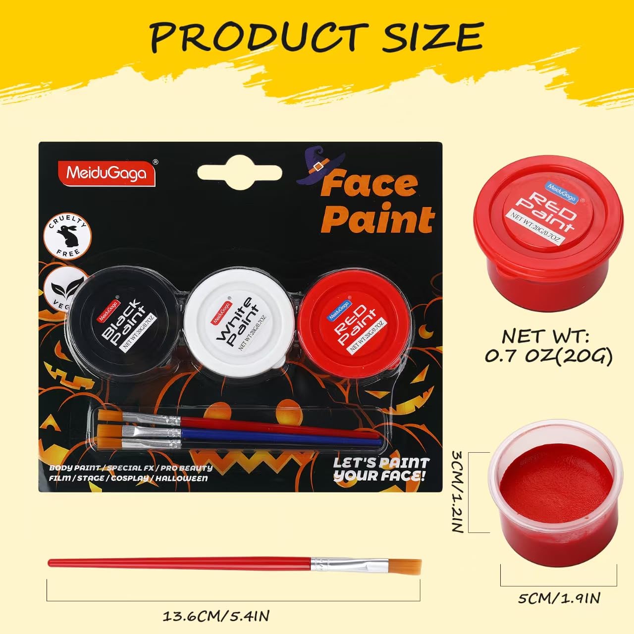 Halloween Makeup Kit, White + Black + Red Face Painting Kit for Adults 60g(2.1 oz), Body Paint Kit with Brushs for Halloween Makeup, Party, Cosplay, Theater