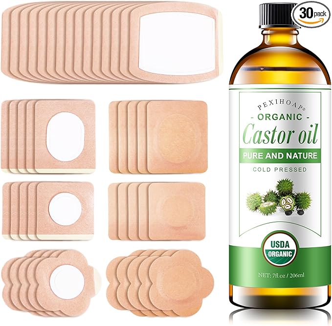 30Pcs Adhesive Castor Oil Patch with 7oz Organic Castor Oil Cold Pressed, Cotton Caster Oil Pack Wrap for Waist Back Neck Arm Belly