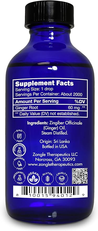Ginger Oil, for Pain and Inflammation, Edible, Food Grade – 100% Pure, Ginger, Essential, Oil, for Lymphatic Drainage, Massage, by Zongle Therapeutics, 4 OZ
