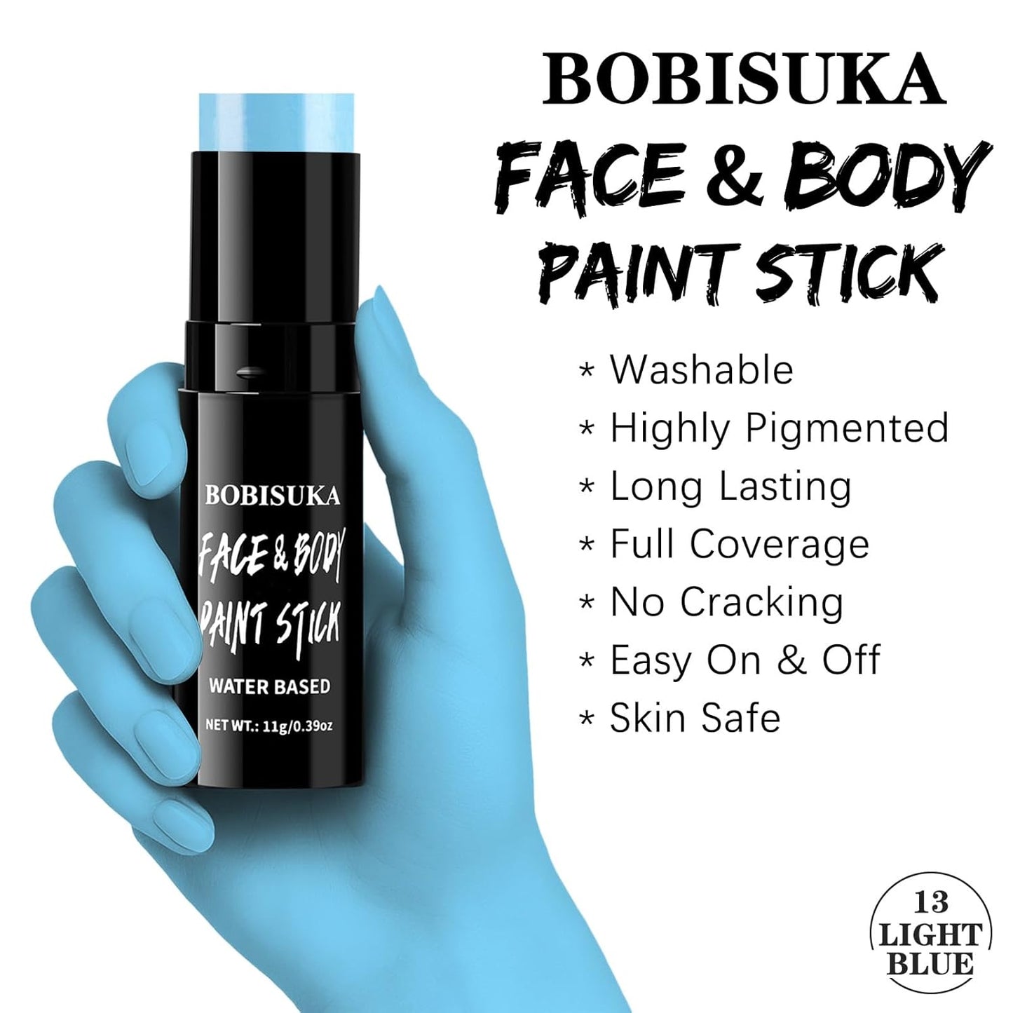 BOBISUKA Light Blue Face & Body Paint Stick Water-Based Washable Face Paint Makeup Stick for Halloween Sally, Corpse Bride, Avatar, Skeleton, Smurf, Cosplay, SFX, Sports Eye Black & Costume Party