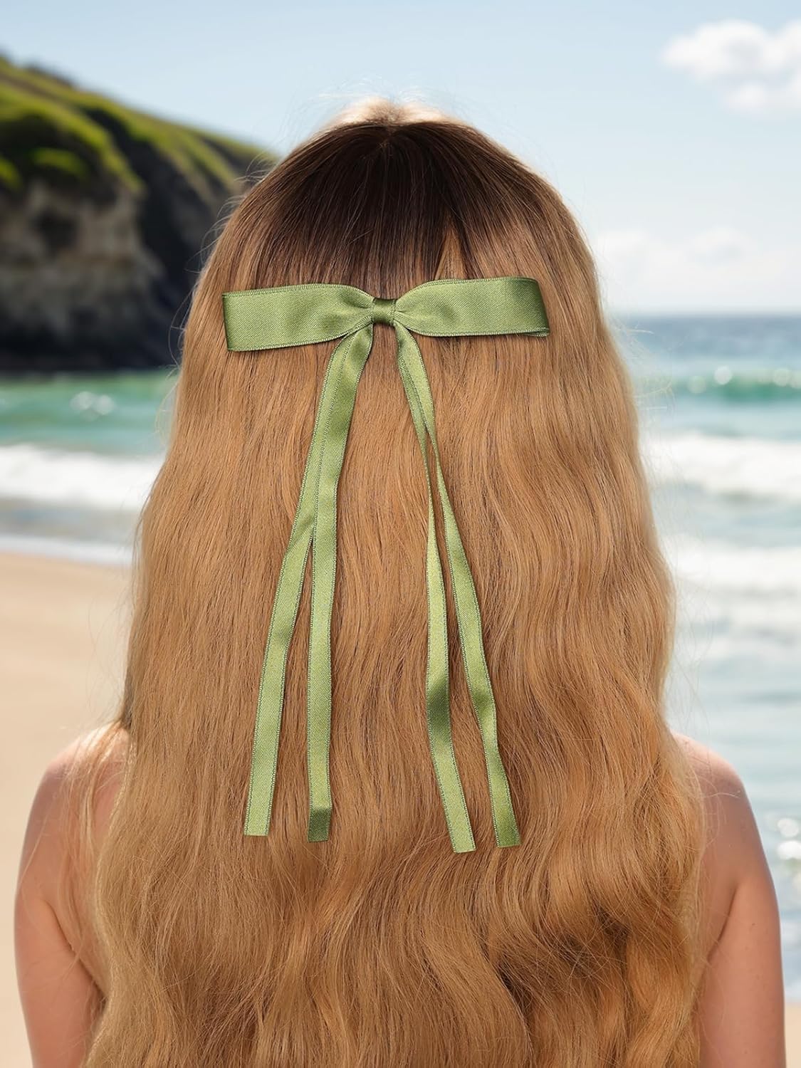 LFOUVRE 4pcs Hair Clips for Women Tassel Ribbon Bowknot with Long Tail, Clip Girl, Solid Accessories Barrettes Claw Bow (Navy White Light Blue Green), Pack of 1