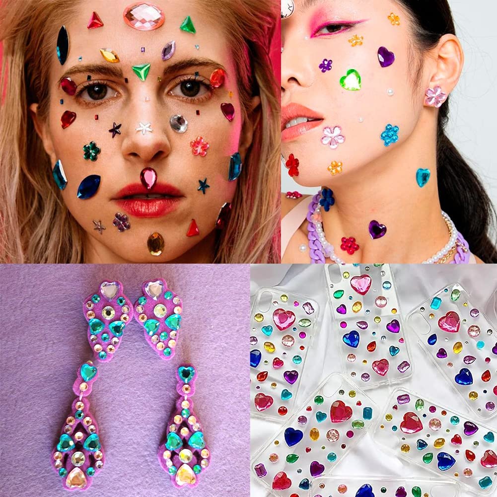 10 Sheets Face Gems Jewels for Makeup Self Adhesive Assorted Shapes Rhinestones for Christmas Crafts, Eye Body Gems Nail Art Festival Party Rave Accessories for Women