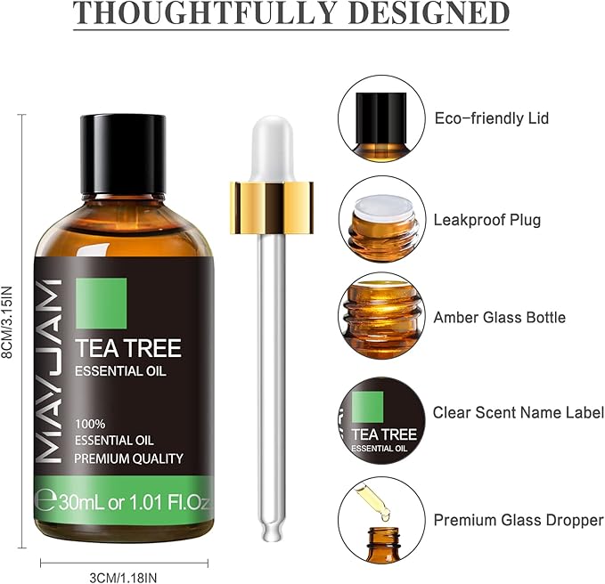 Tea Tree Essential Oil, MAYJAM Pure Essential Oils for Diffusers for Home and Office, 1.01FL.OZ Tea Tree Oil for Candle Making, DIY Soap, 30ML/Bottle