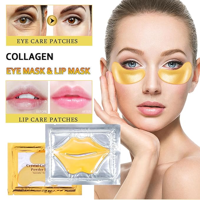 30 Pairs Lip Masks & Eye Masks, 24K Gold Gel Crystal Collagen Eye Patches for Puffy Eyes, Effectively Moisturizing & Reducing Fine Lines Dark Circle Eye, Treatments Under Eye Bags and Wrinkles