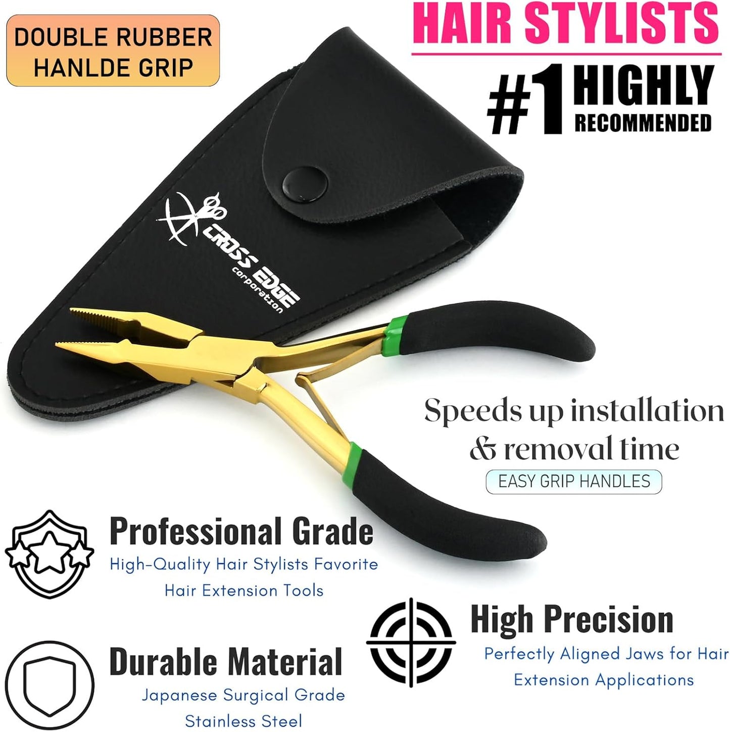 Professional Hair Extension Tools Microlink Bead Remover Plier for Hair Extensions Removal Micro Ring Beads Opener 5.5 Inch Pliers Silver Polish Stainless Steel (Gold Black Foam Applicator)