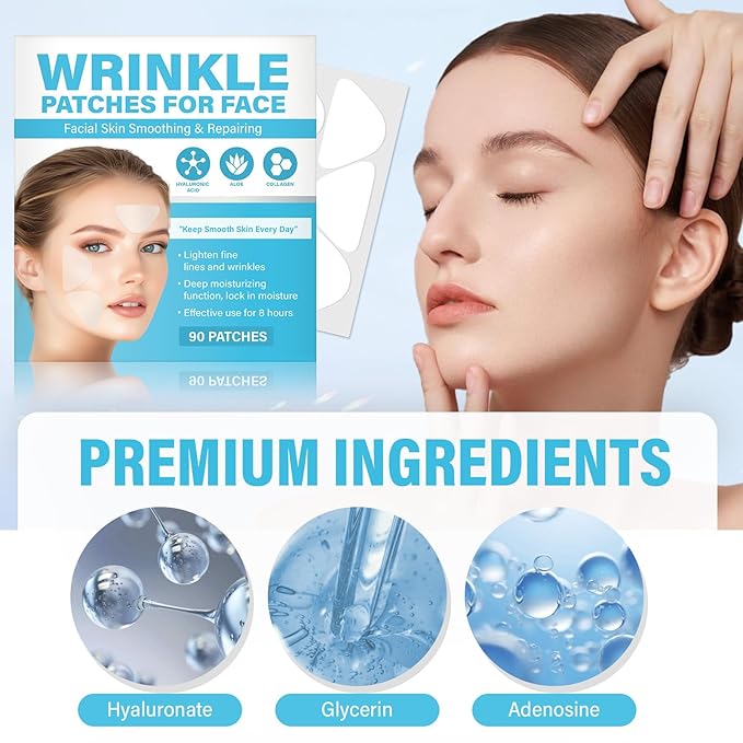 Green Hills Forehead and Between the Eyes Wrinkle Patches, Effective Anti Wrinkle Patches to Smooth & Soften Forehead Wrinkles & Smile Lines, For Overnight Use, 90 Patches