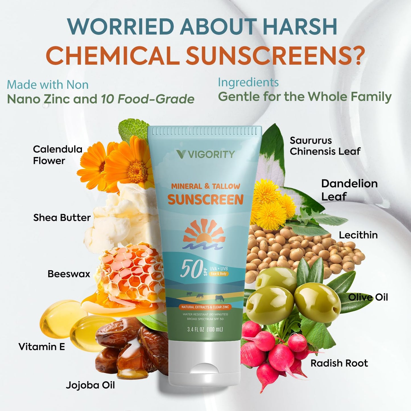 Beef Tallow Sunscreen with Zinc Oxide: Natural Non-Toxic SPF 50 Tallow Sunblock Cream for Face & Body - with 10 Food-Grade Botanical Extracts (SPF 50 (Pack of 2))