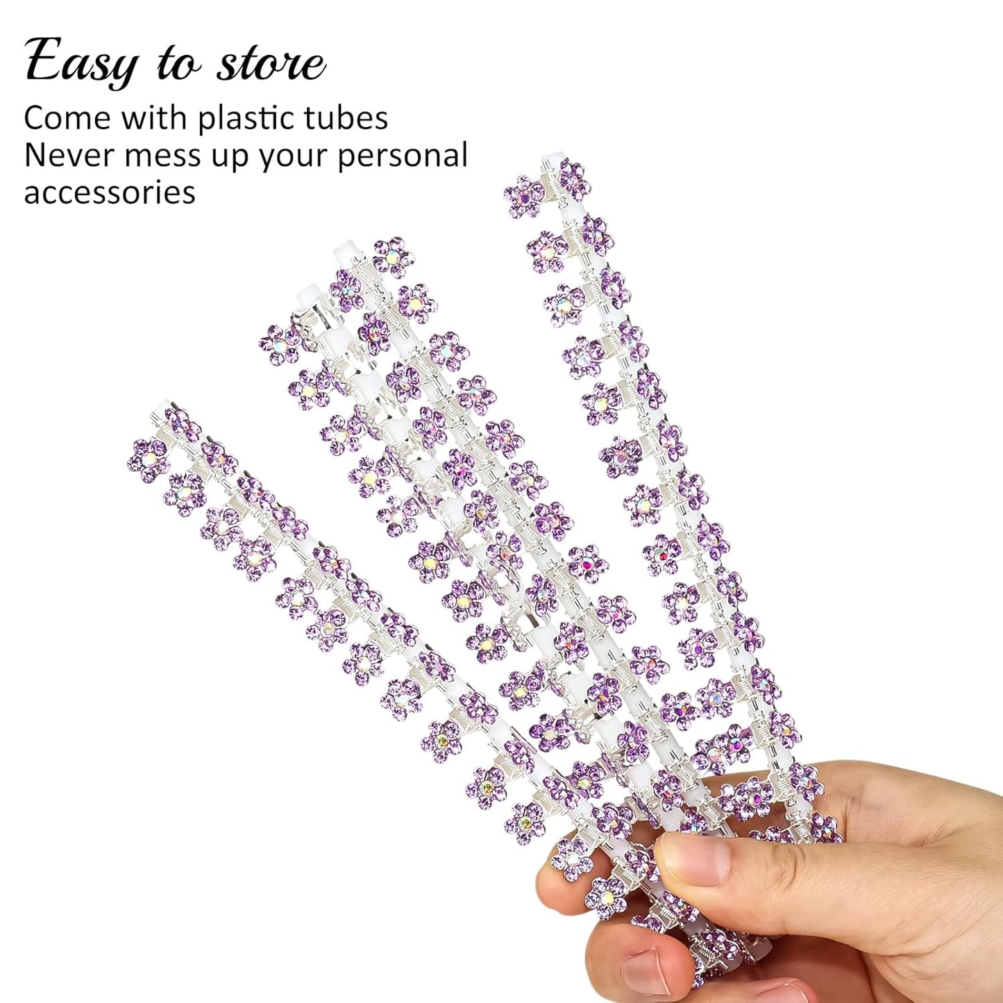 65PCS Mini Purple Flower Hair Clips with Rhinestone Mini Glitter Teeth Rhinestone Flower Hair Accessories No-Slip Grip Metal Jaw Clamps for Girls Women (Silver-Purple Crystal)