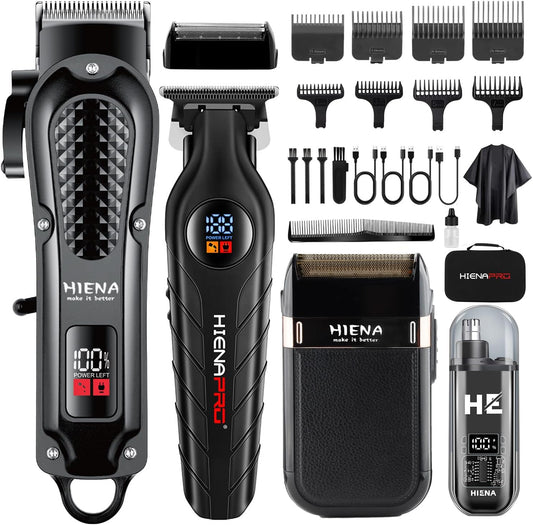 HIENA PRO Professional Cordless Hair Clippers for Men, Beard Trimmer & Elecatric Shaver & Nose Hair Trimmer Set, Rechargeable Barber Hair Cutting Grooming Kit