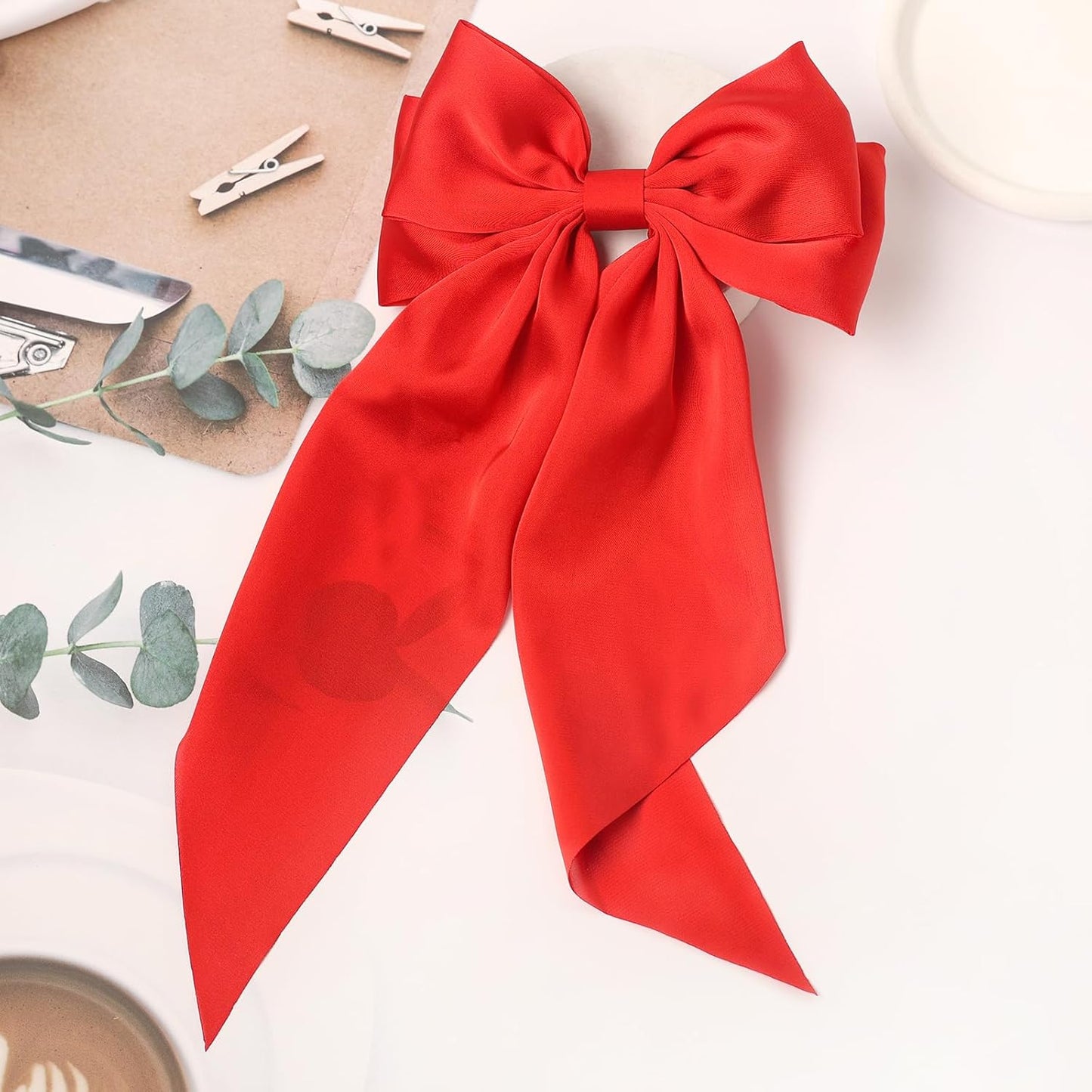 Furling Pompoms Red Hair Bow,Black Satin Bows for Hair,Long Tail Hair Bow Barrette Clips