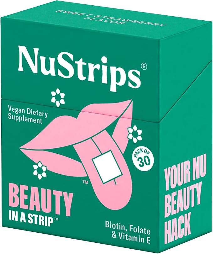 Beauty in a Strip™ | Strawberry Flavored Oral Strips with Biotin, Folate and Vitamin E | Vitamins for Hair, Skin & Nails | Maximum Absorption, Fast Results | 30 Individually Wrapped Strips