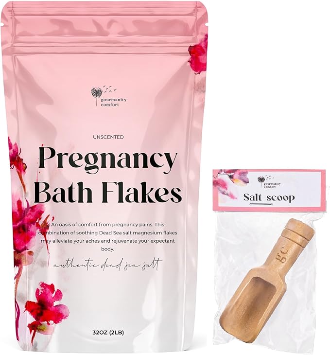 Gourmanity Comfort 2LB Unscented Magnesium Flakes for Bath with Wood Bath Salt Scoop, Bath Salts for Women Relaxing, Pregnancy Bath Soak Relief for Pregnant Women Aches & Pains [32oz/2LB]