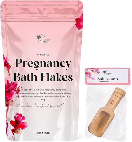 Gourmanity Comfort 2LB Unscented Magnesium Flakes for Bath with Wood Bath Salt Scoop, Bath Salts for Women Relaxing, Pregnancy Bath Soak Relief for Pregnant Women Aches & Pains [32oz/2LB]