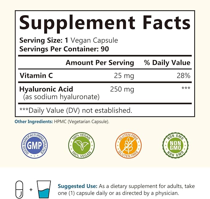 Hyaluronic Acid Supplement, with Vitamin C, 250mg Plant-Based HA, 90 Vegan Caps, for Skin & Eyes, Collagen Production, Easily Absorbable