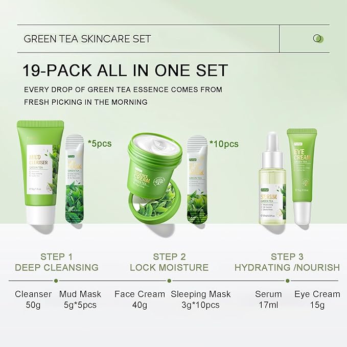 Green Tea Skin Care Kit Teenage Girls Gifts, 19-In-1 Facial Skin Care Routine Set Kit for Women/Girls, Hydrating Teen Skincare Set Control Oil, Christmas Gifts for Women Stocking Stuffers